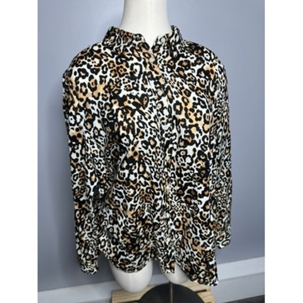Talbots Petite Leopard Print Cotton Button Down Shirt Brown Black XLp VN5084